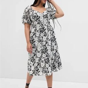 Gap Puff-Sleeve Metallic Floral Midi Dress in Black & White